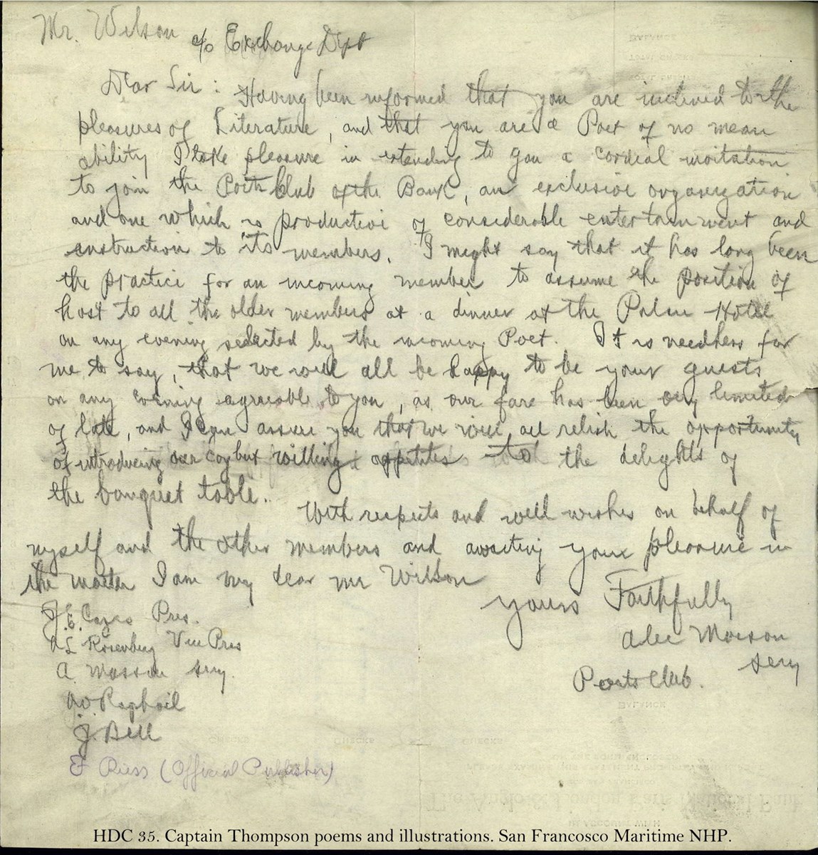 Manuscript letter to Mr. Wilson from the Poet's Club (HDC 35, SAFR 17607)