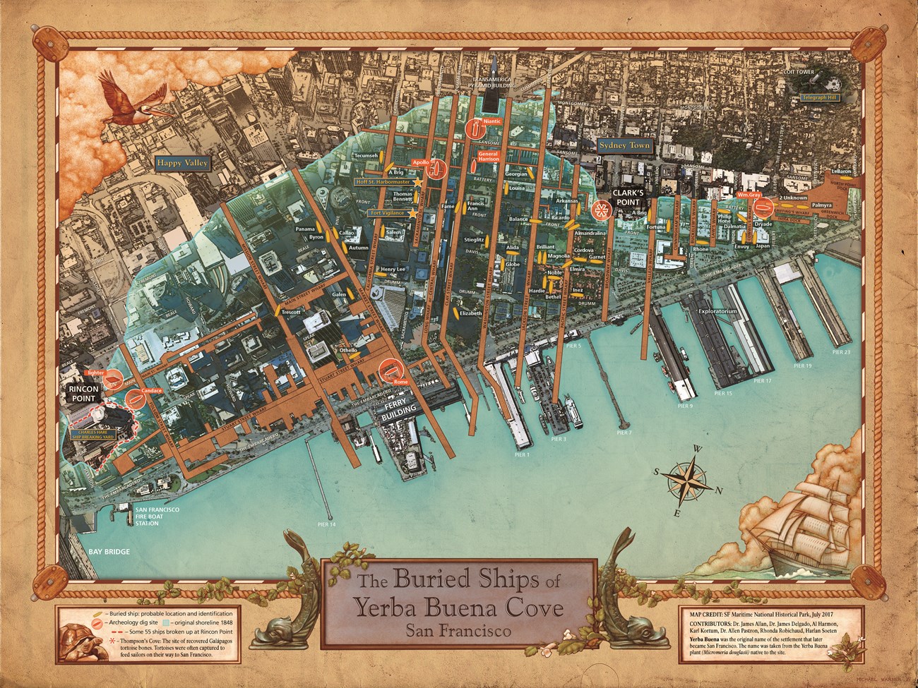 Color aerial view drawn map showing the historic water line and locations of ships buried during the development of San Francisco with current, 2017 buildings