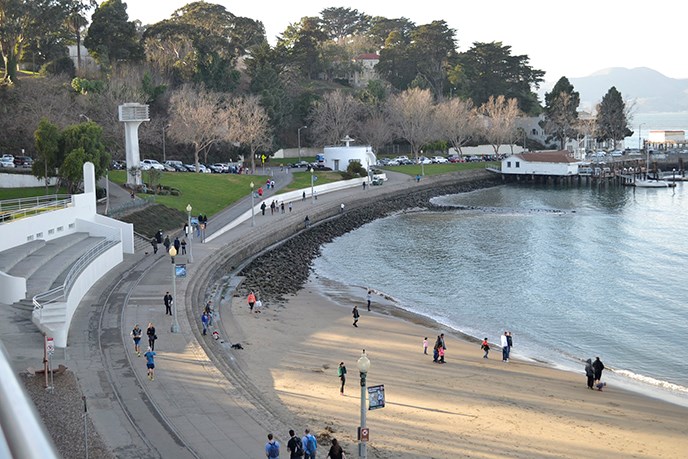 A view of a walkway and section of beach in Aquatic Park.