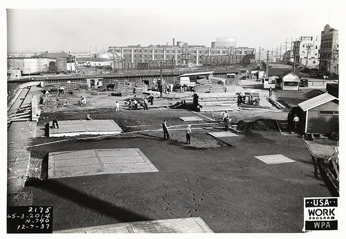 A black and white photo taken in 1937 of the area just east of the Bathhouse building. A black and white photo taken in 1937 of the area just east of the Bathhouse building.