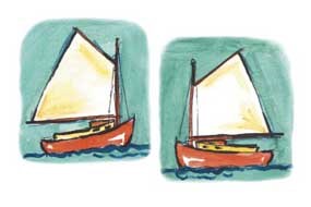 Illustration of two small sailboats with red hulls and white sails.