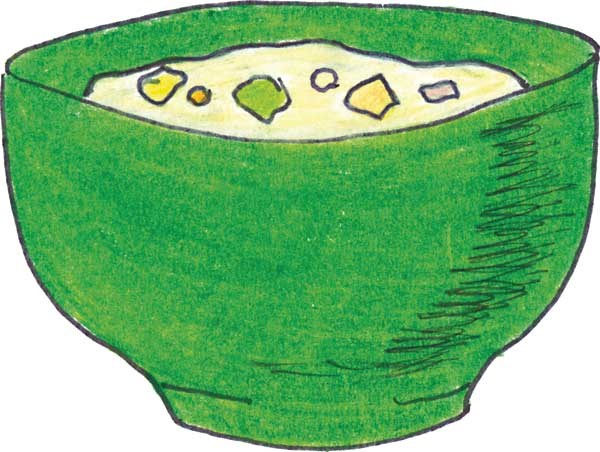 A drawing of a green bowl with clam chowder in it. A drawing of a green bowl with clam chowder in it.