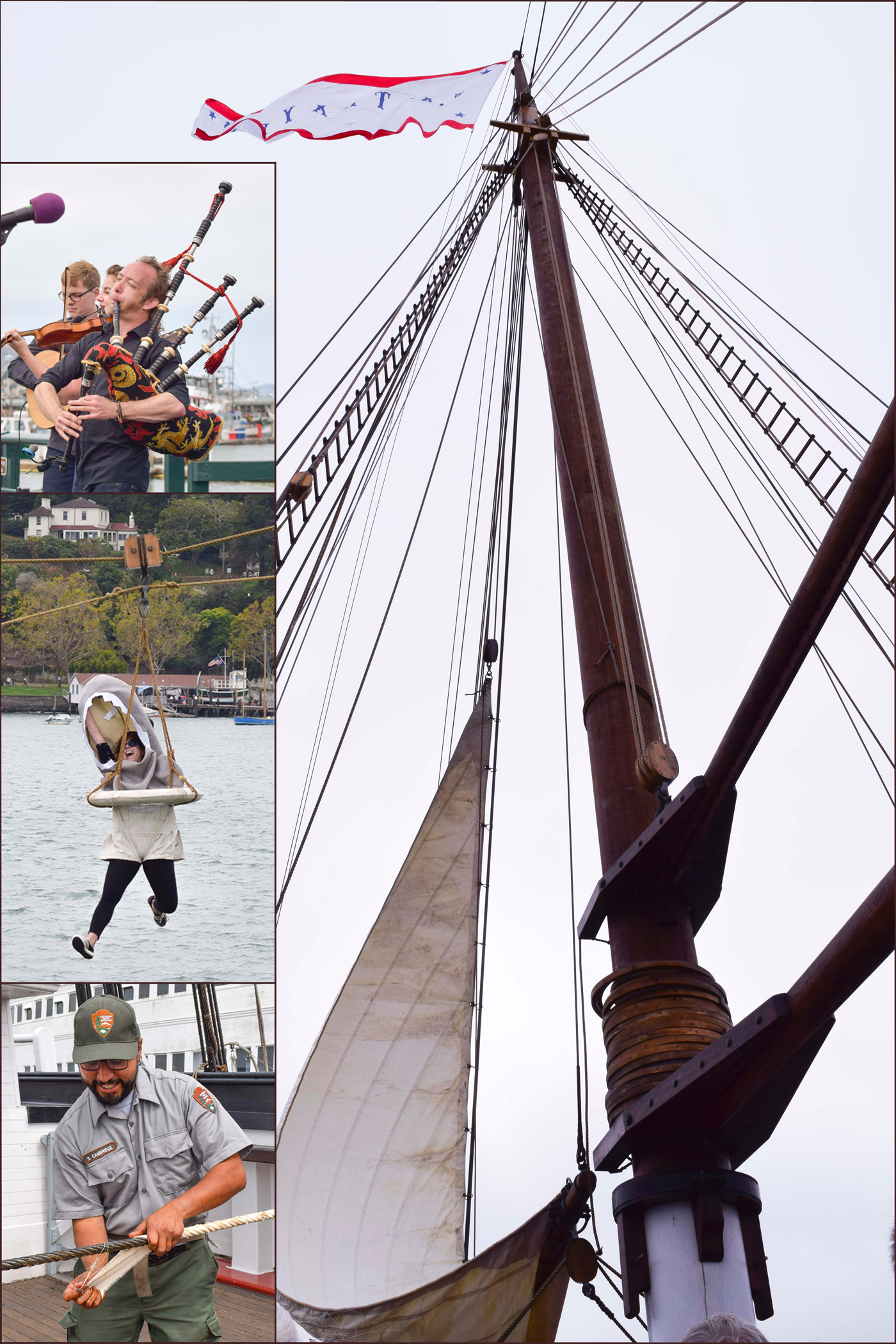 Four photos: man wrapping wire rope, woman hanging over the water, bagpipers playing and a tall ship's mast.