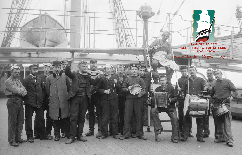 40th Annv SFMNPA Chantey Sing Flyer Image of sailors singing a chantey aboard a ship