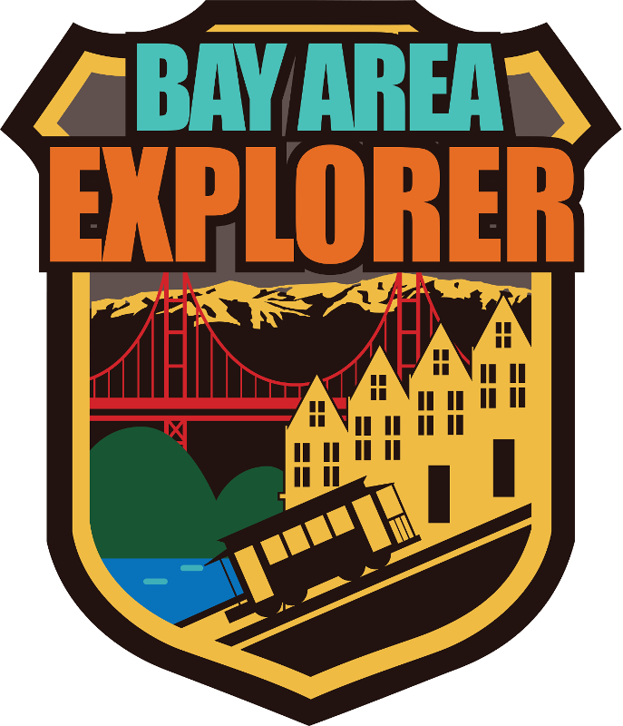 Badge with the words "Bay Area Explorer" over a background with a cable car and the Golden Gate Bridge