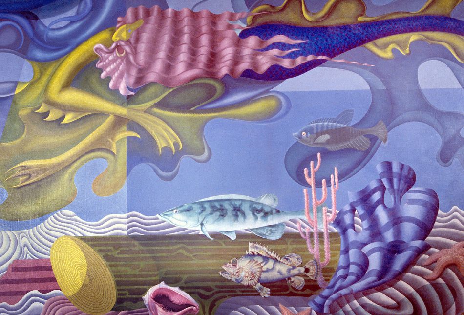 Detail from a colorful mural depicting a fanciful underwater vision including fish and a merman.