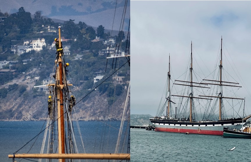 NPS rigging crew aloft the mizzen mast of Balclutha; Balclutha berthed at Hyde Street Pier with all new topgallant masts NPS rigging crew aloft the mizzen mast of Balclutha; Balclutha berthed at Hyde Street Pier with all new topgallant masts