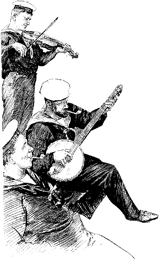 Black and white drawing of sailors singing and playing a fiddle and banjo.