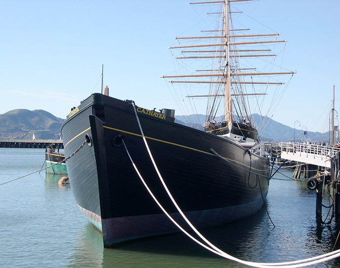 The bow of a wooden hull of a lumber schooner.