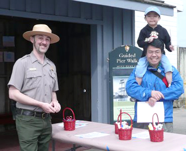 A park ranger and visitors on Hyde Stret Pier.