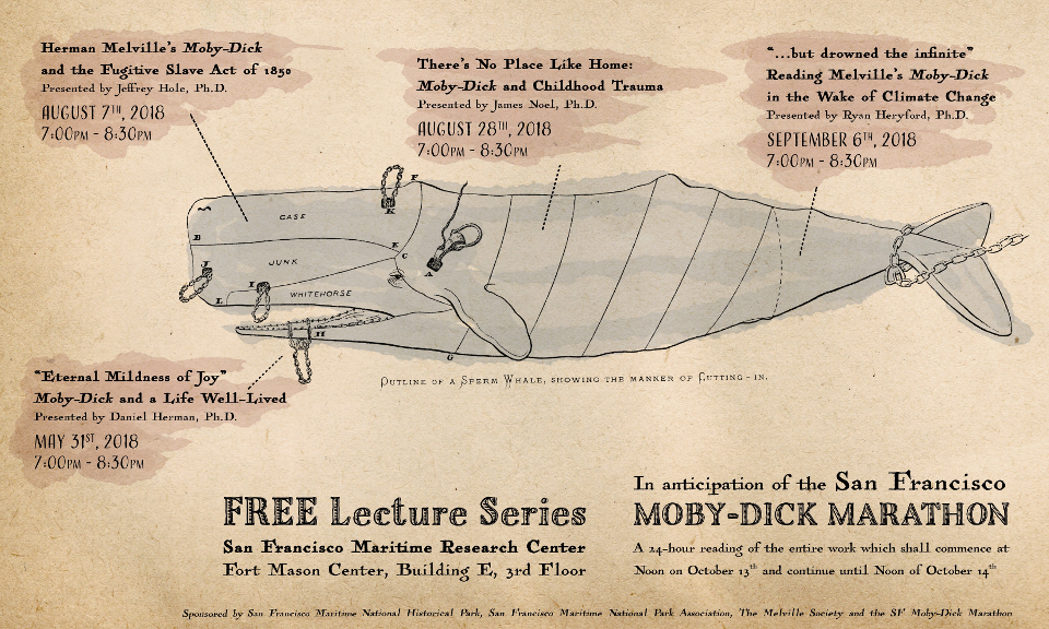 Poster for 2018 Moby-Dick Marathon Lecture Series. Event dates surrounding an old fashioned drawing of a whale.