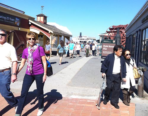 People walking on Hyde Street Pier.