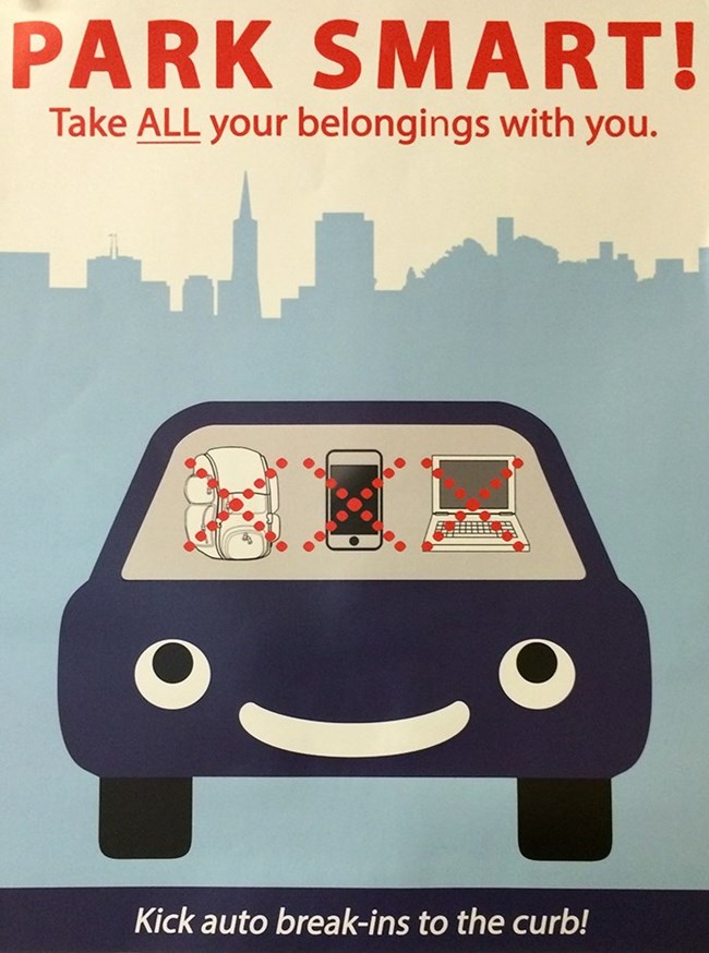 graphic illustration of a vehicle with valuable belongings inside. Text in the image reads "Park Smart! Take all your belongings with you. Kick auto break-ins to the curb!"