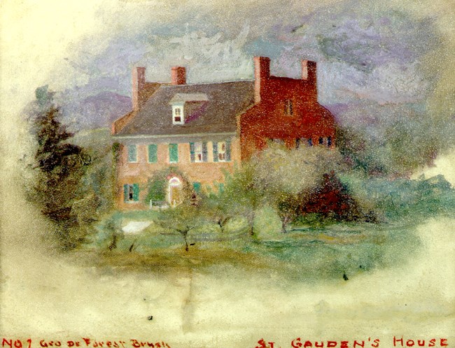 Aspet by G.D. Brush painting of brick house with tree