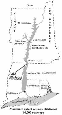 Map of Lake Hitchcock, a huge lake covering what is now the Connecticut River. It was fed by water from melting glaciers.