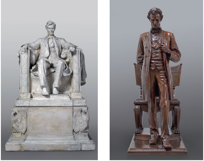 Side by side images of a sculpture Lincoln sitting by French and a sculpture of Lincoln standing by Saint-Gaudens.