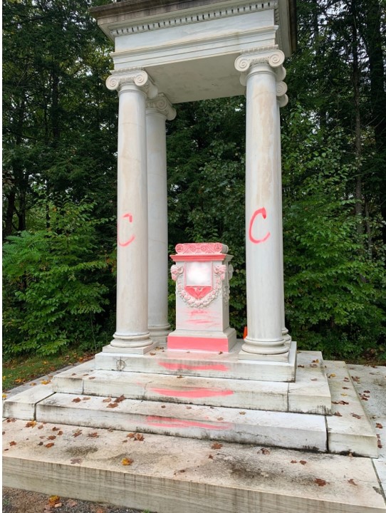 Image of the front elevation of the Temple at Saint-Gaudens National Historical Park, October 1, 2021 showing evidence of vandalism. NPS Photo. Image of the front elevation of the Temple at Saint-Gaudens National Historical Park, October 1, 2021 showing evidence of vandalism. NPS Photo.