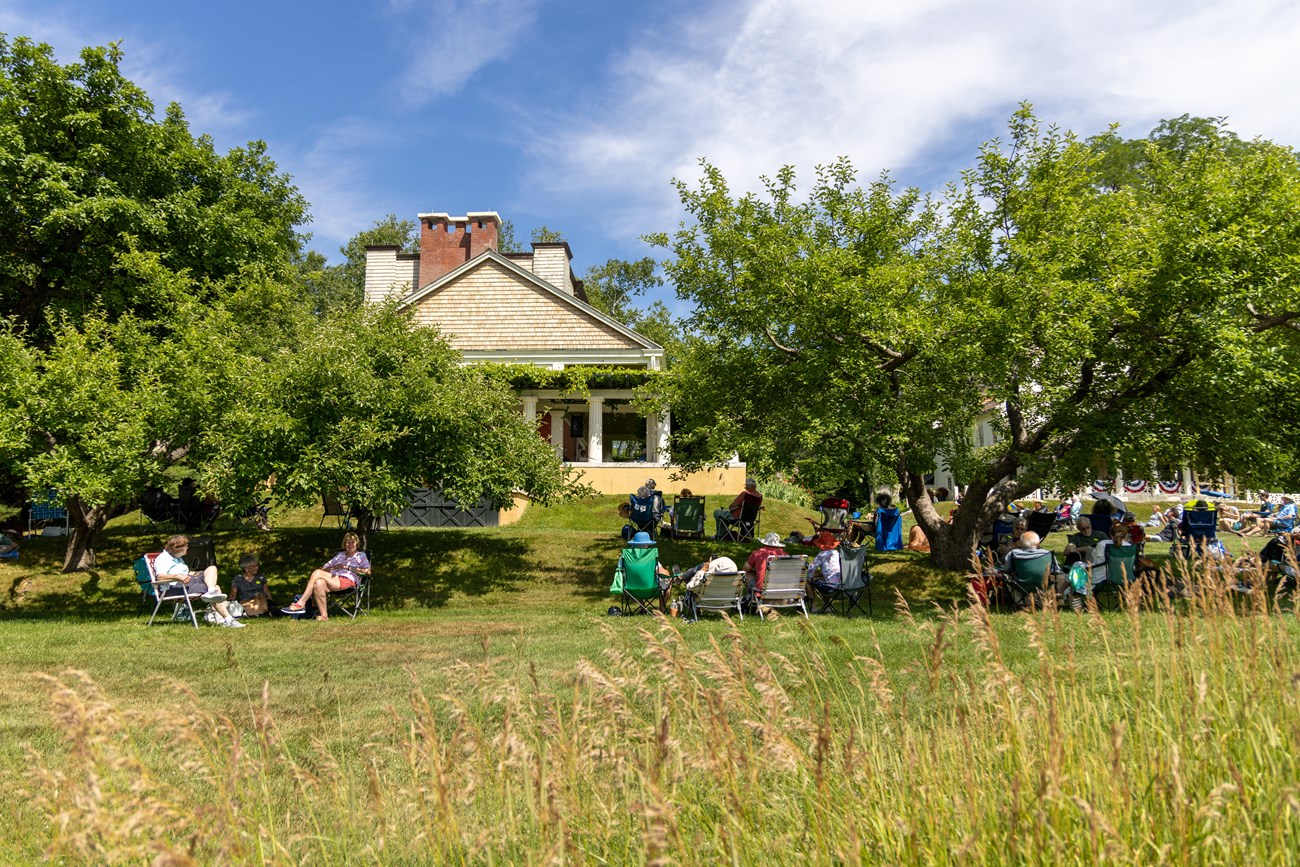 people seated in lawn chairs on park grounds