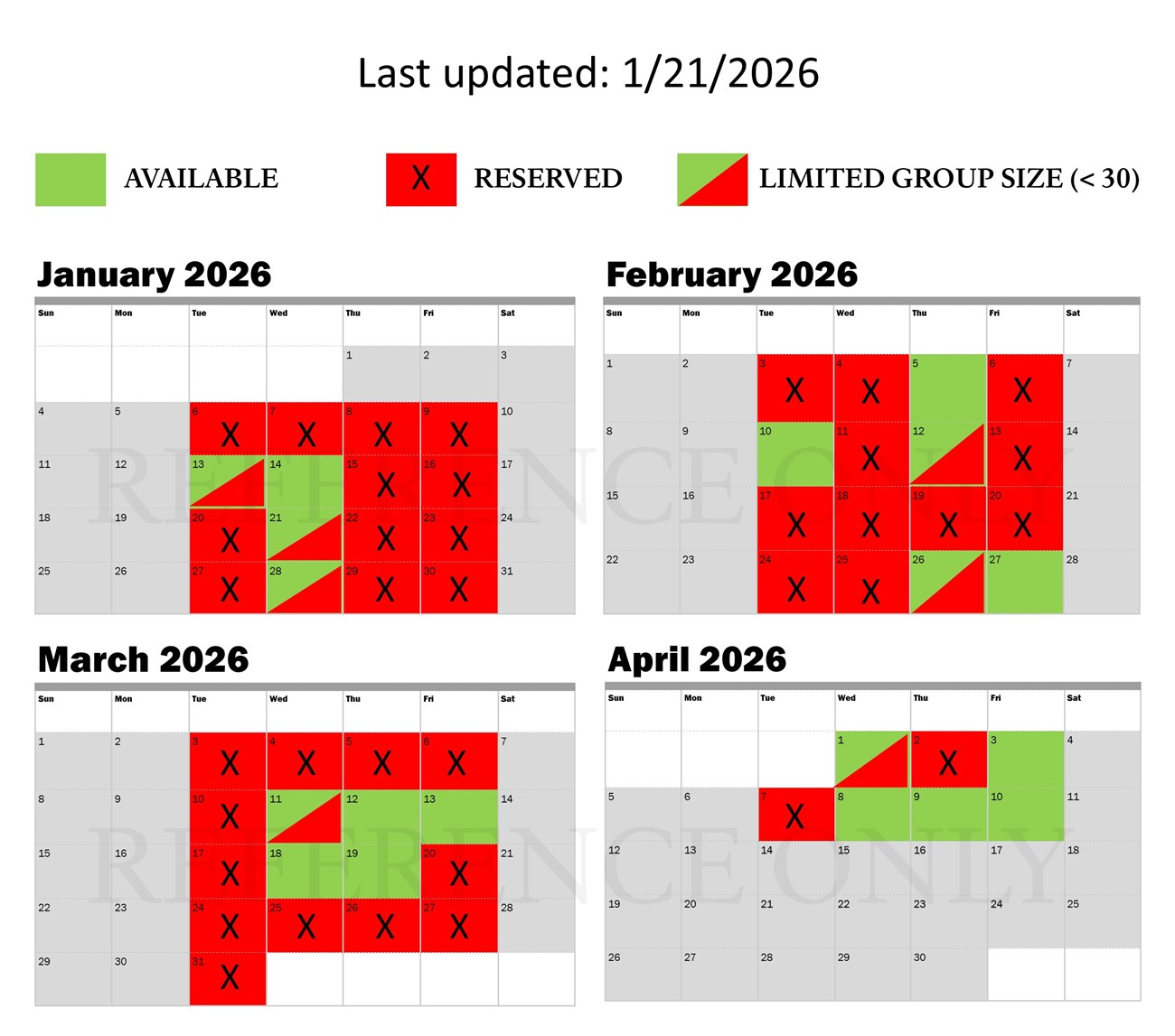 calendar showing January through April w green boxes on Tuesday through Friday