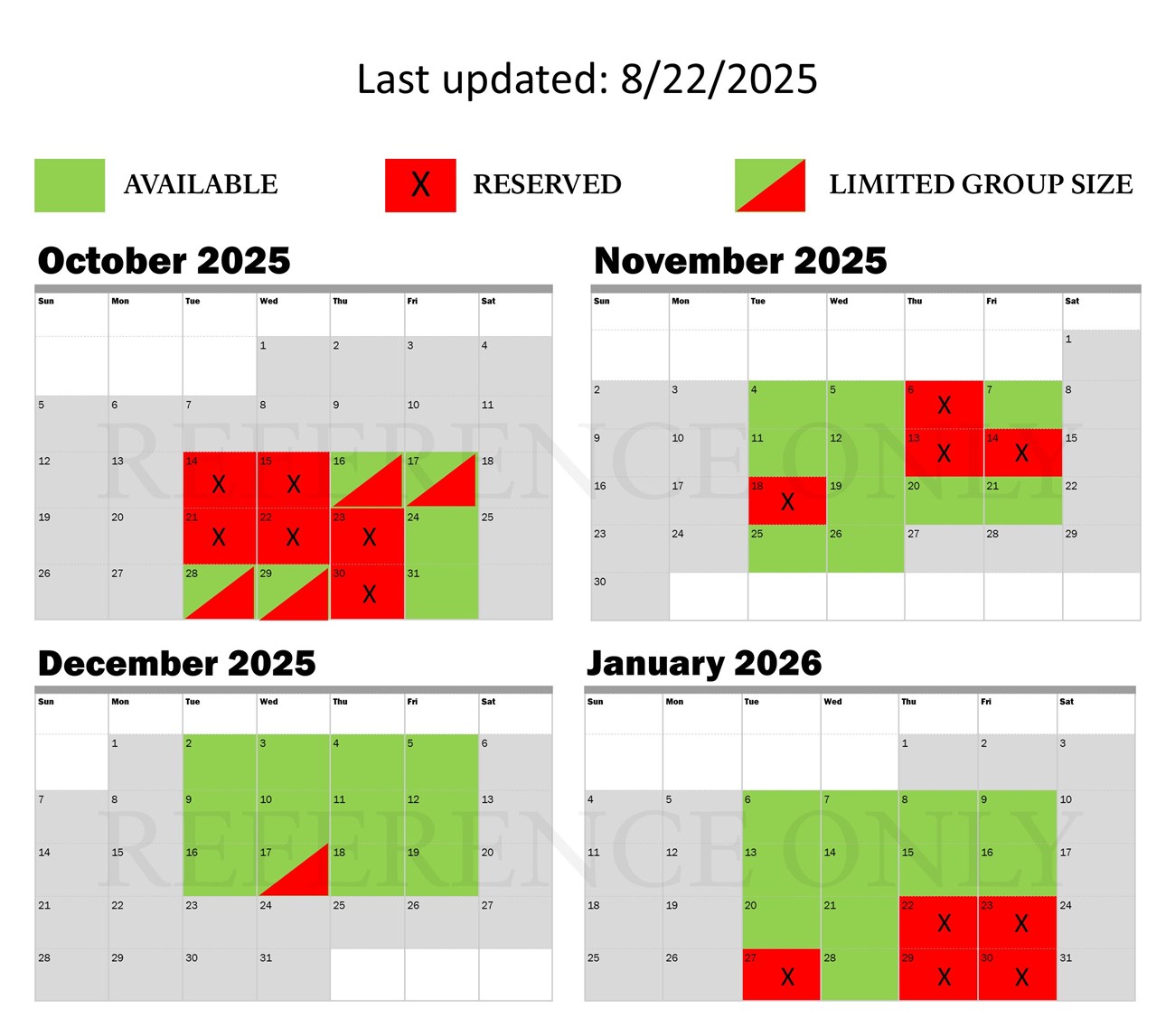 calendar showing October through December w green boxes on Tuesday through Friday