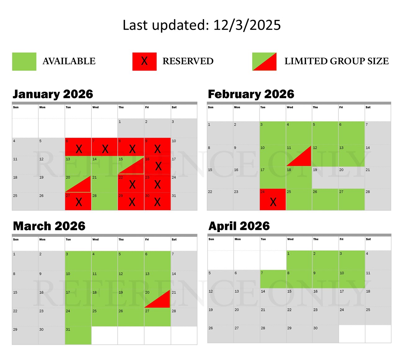 calendar showing January through April w a mix of green, red, and gray boxes