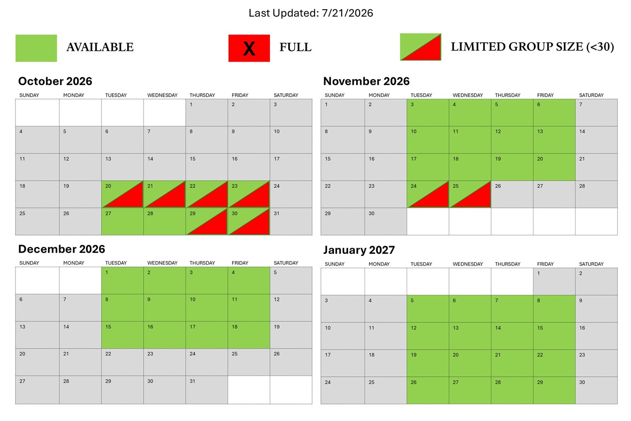 calendar showing October through January w green boxes on Tuesday through Friday