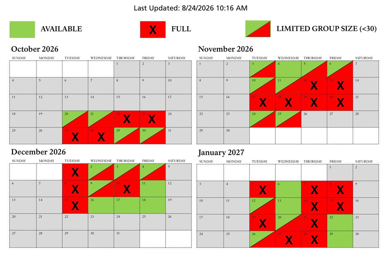 calendar showing October through January w green boxes on Tuesday through Friday