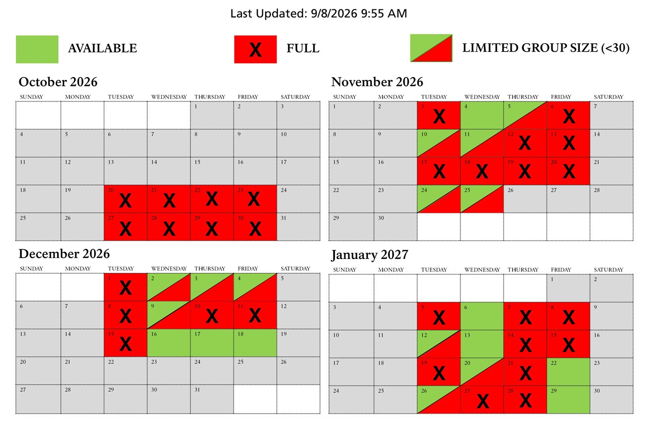 calendar showing October through January w green boxes on Tuesday through Friday