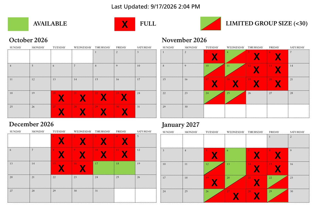 calendar showing October through January w green or red boxes on Tuesday through Friday