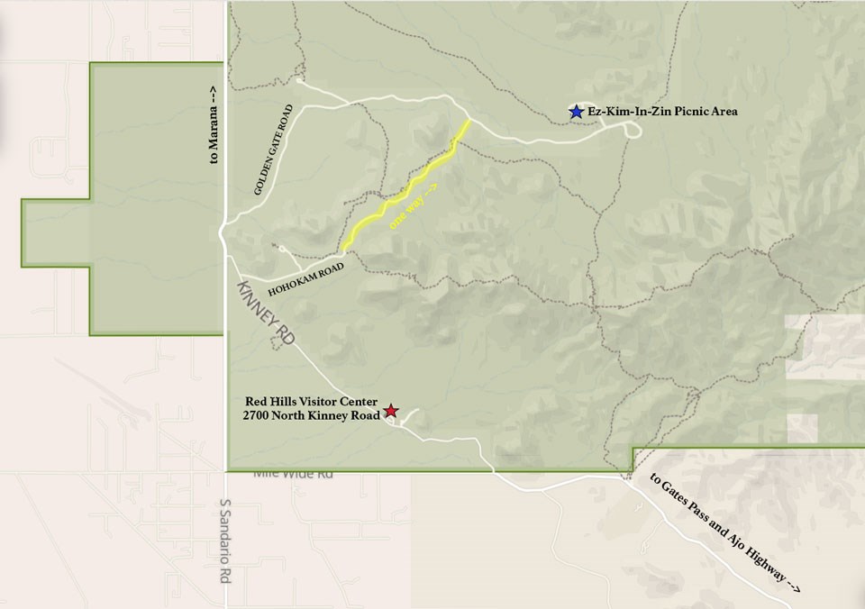 map noting Red Hills Visitor Center 2700 North Kinney Road and Ez-Kim-In-Zin Picnic Area