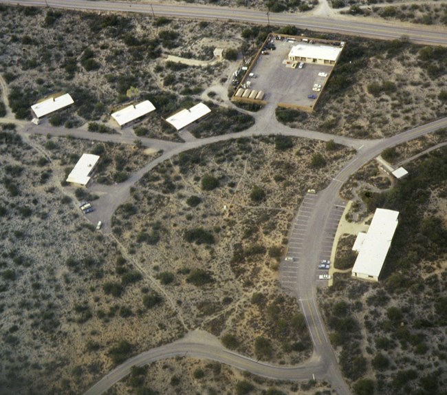 Square image showing an aerial view of the Rincon Mountain district buildings post Parkscape Era.