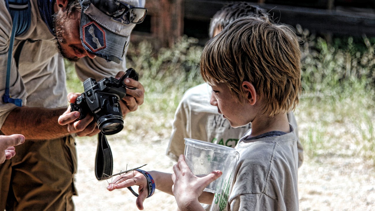 kid holding a bug, adult taking a photo