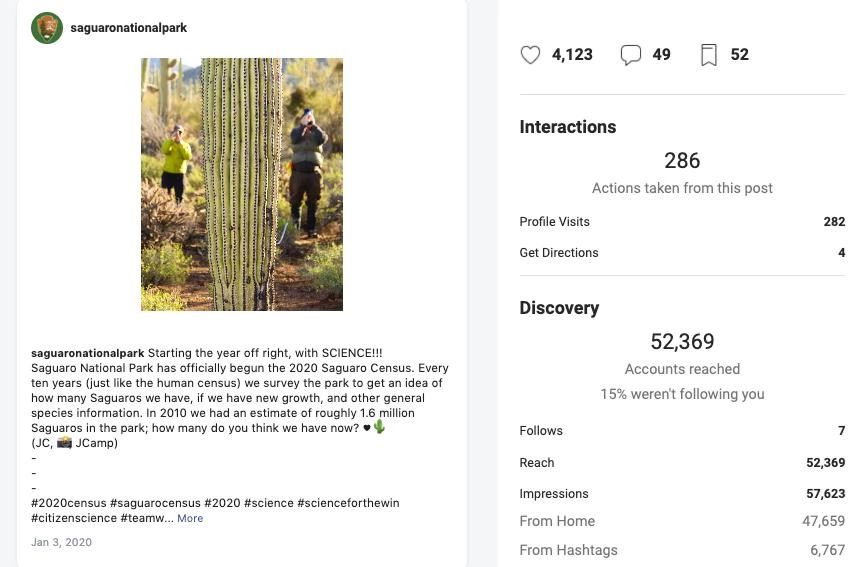 figure 9 2020 census Two side by side images, both screen shots from Instagram. The left image shows a post about the census, a woman counting a saguaro, and related text, like counts, etc. The right image shows the analytics from the posts, reaching 52,369 accounts.