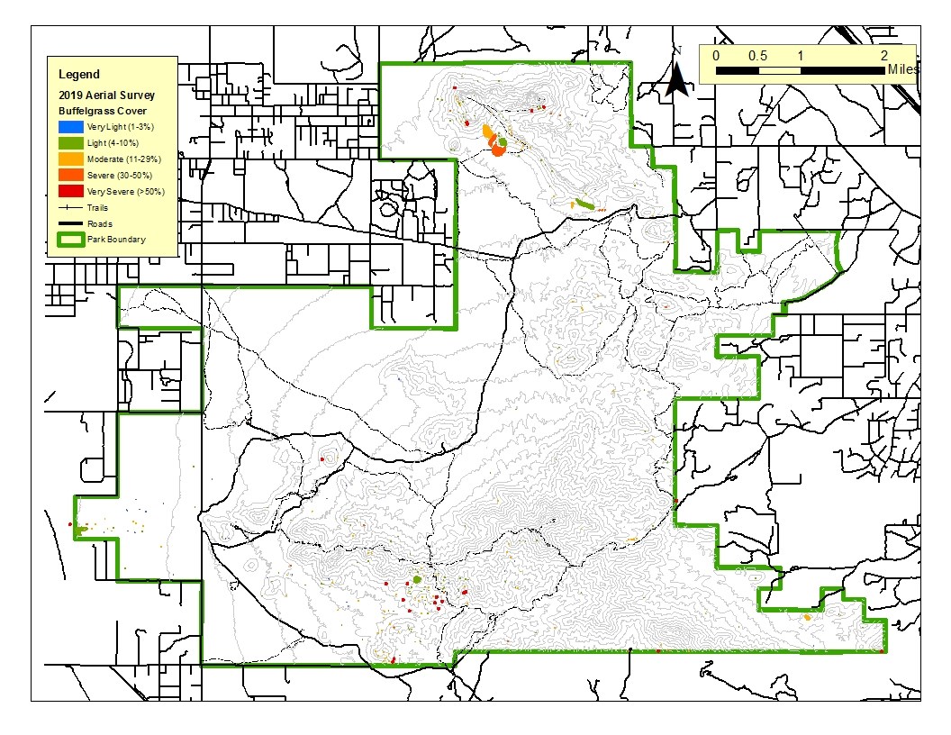Map of the Tucson Mountain District showing percentage of buffelgrass coverage with red, orange, yellow, green, and blue dots to indicate severity.