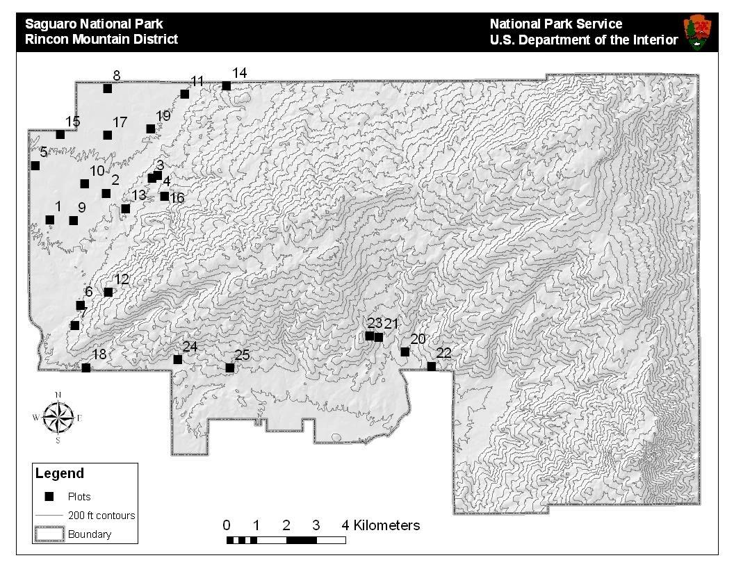 2020 saguaro census figure 2 Map of rincon mountain district, gray with black topo lines. several small squares dot the left side.