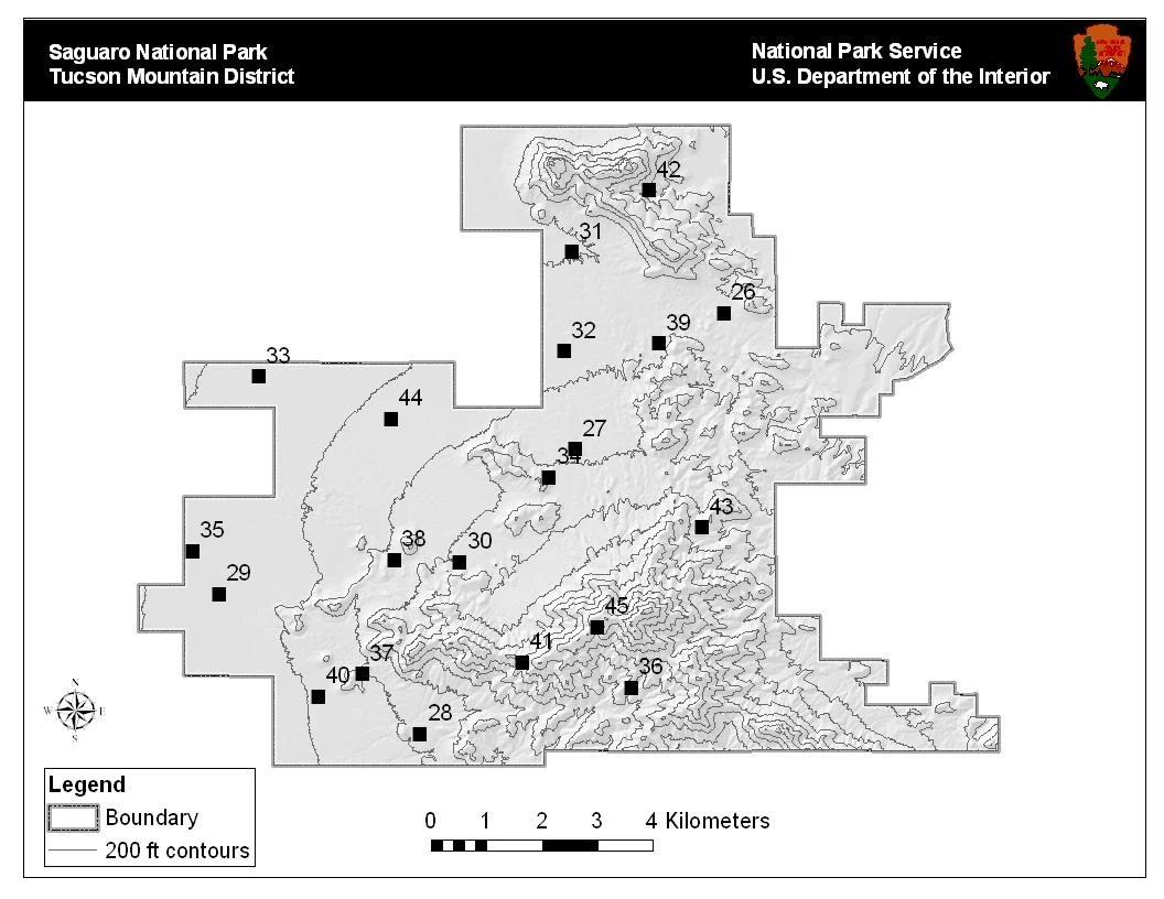 figure 3 2020 census grey map of TMD with black topo lines. Small squares dot the landscape showing areas saguaros were counted.