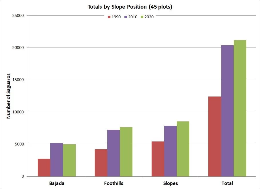 figure 6 2020 census A bar graph titled "Totals by Slope Position" highlights data from three reports, 1990, 2010, & 2020. Delineating between Bajda, Foothills, Slopes, & Total. A general increase is seen over the years, & each respective area has more than the one before it.
