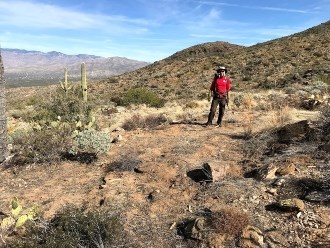 Proud volunteer stands in area where buffelgrass has been successfully removed.