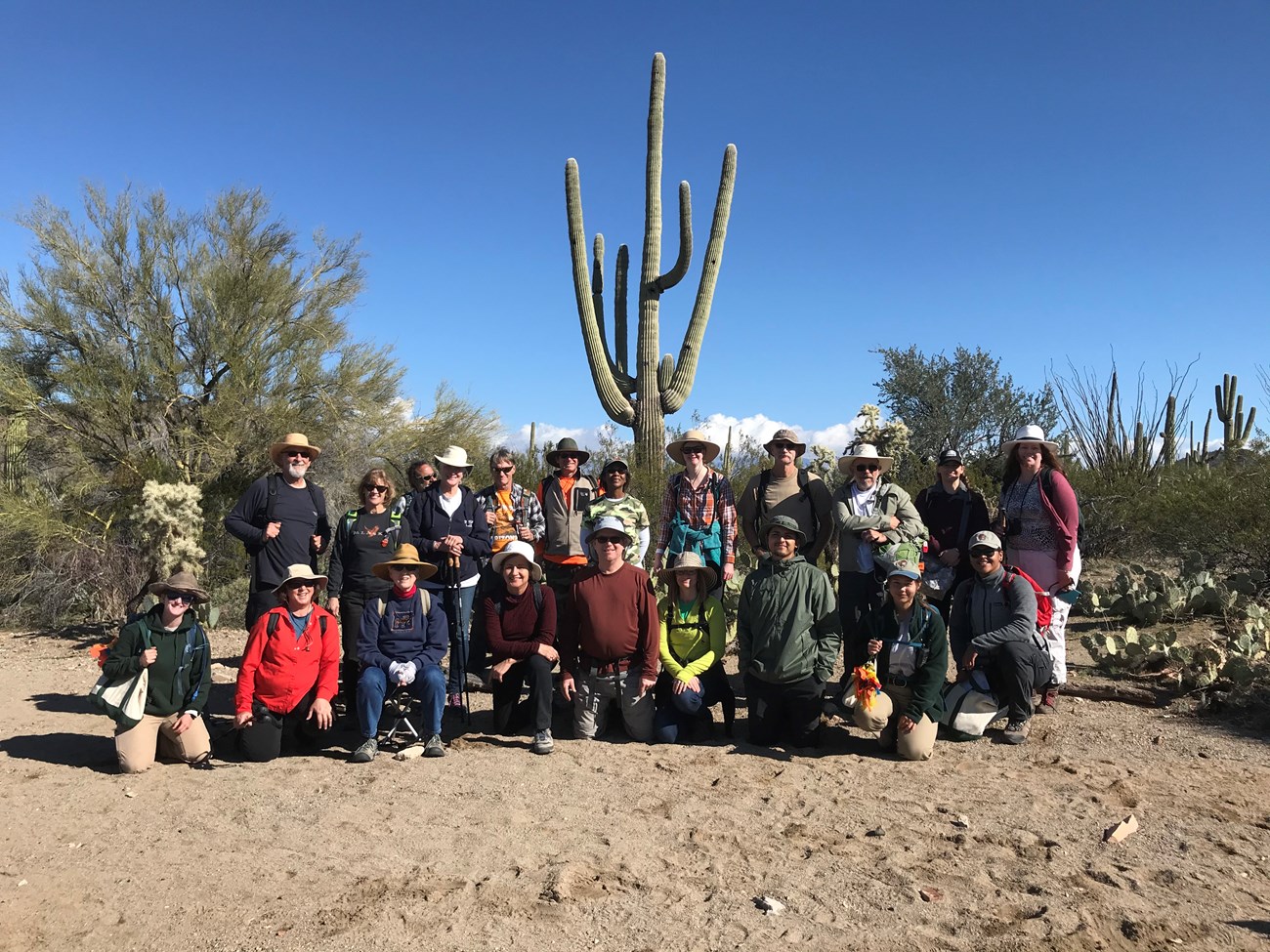 Group photo of volunteers after the census. Behind them is a tall saguaro with at least five arms.