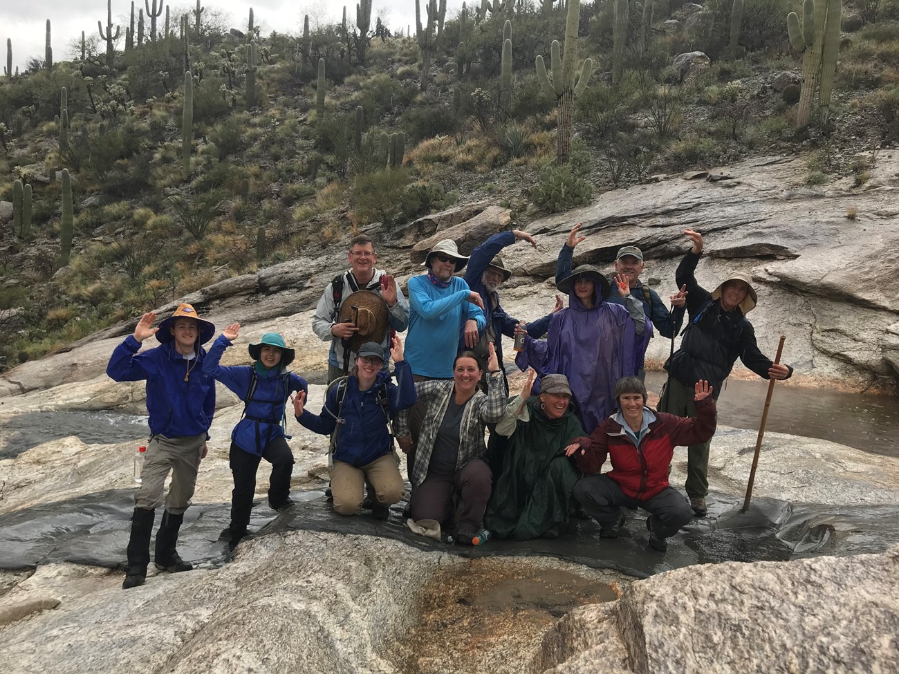 Adventure Scientists group photo saguaro pose at Madrona Pools