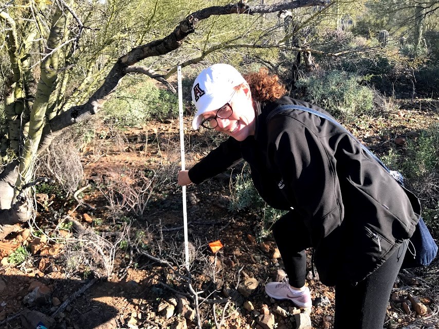 A smiling woman holding a white meter stick. Next to the meter stick is a short saguaro with an orange flag through it. It is about 5 inches in height.