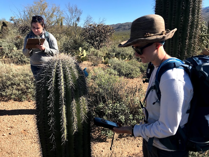 Park staff reading the coordinates for a volunteer to write down.