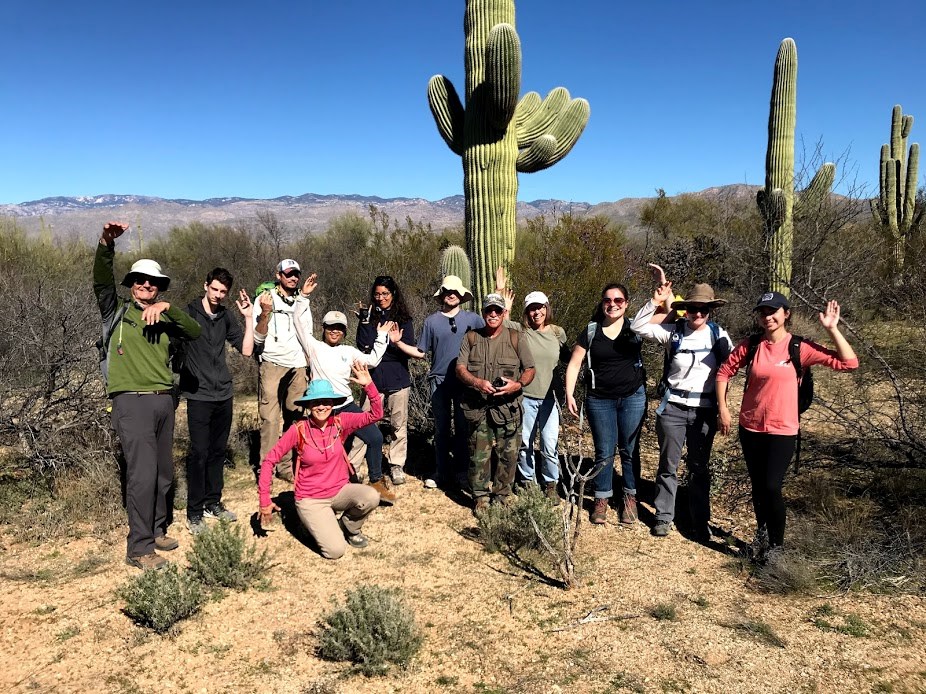 Volunteers and park staff posing like a saguaro.