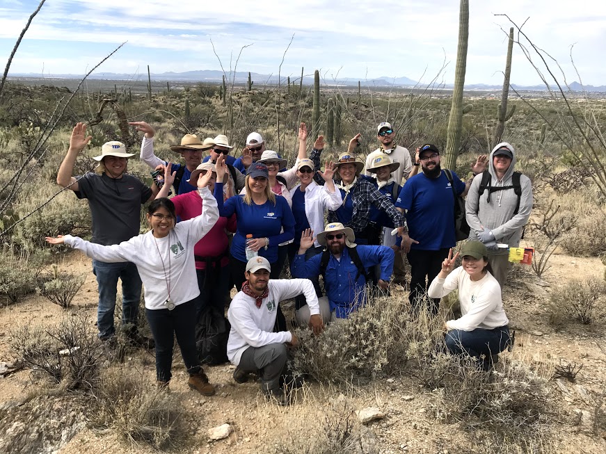 Volunteers and park staff posing like a saguaro.