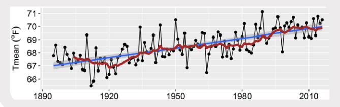 Mean Annual Temperature Graph shows steady increase in temperature at the Saguaro West District over the past century