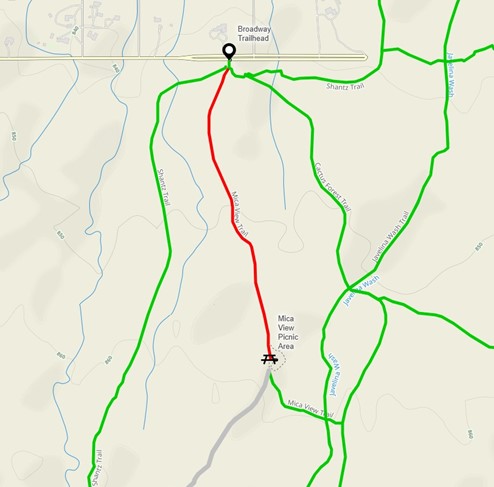 Map of trails between Broadway Trailhead in the north and Mica View Picnic Area in the south. The closed Mica View Trail is shown in red, while the open trails of Shantz, Cactus Forest, and Javelina Wash are shown in green.
