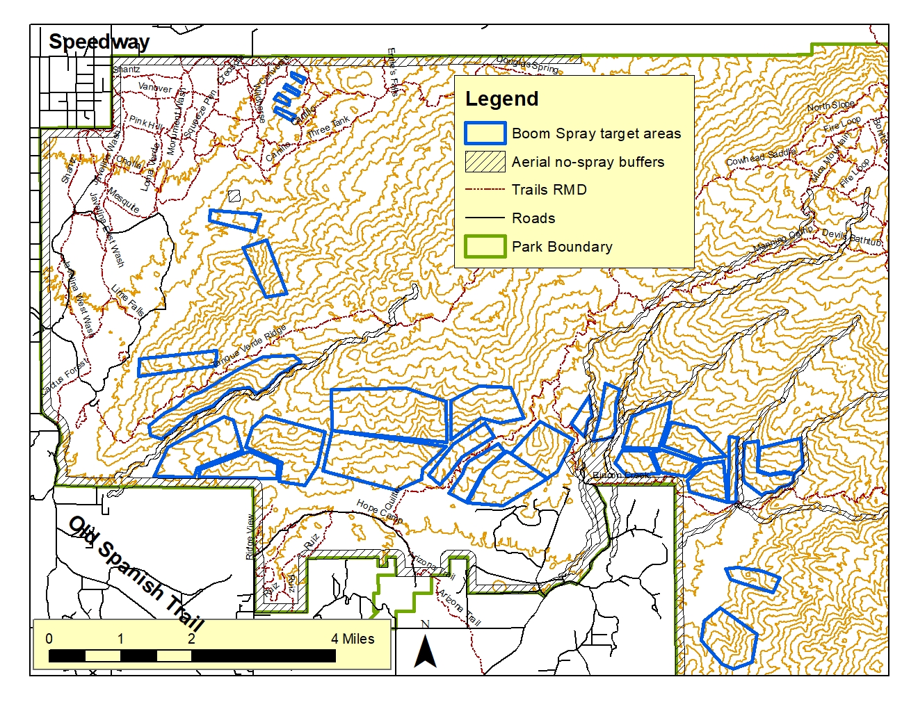 RMD 2022 Aerial Spray Target Blocks. The blue polygons show where the helicopter with a boom sprayer may spray dense patches of buffelgrass. Less than 5% of the total area in these polygons will be sprayed. A topographic map of Saguaro National Park with the potential aerial spray areas outlined in blue polygons.