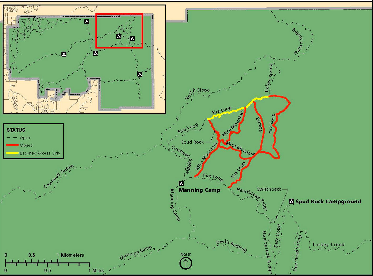 Map of planned backcountry trail closures Some backcountry trails in the Rincon Mountain District will be closed during the prescribed burn
