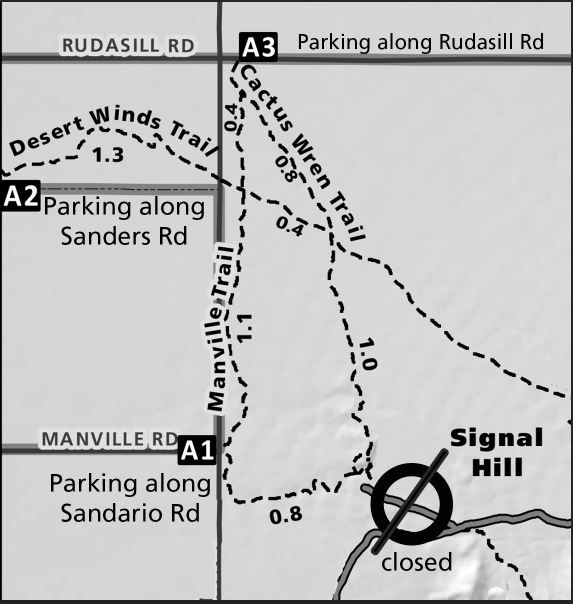 Simple map highlighting Access points A1, A2, and A3 to use for alternative routes for accessing Signal Hill Trail.