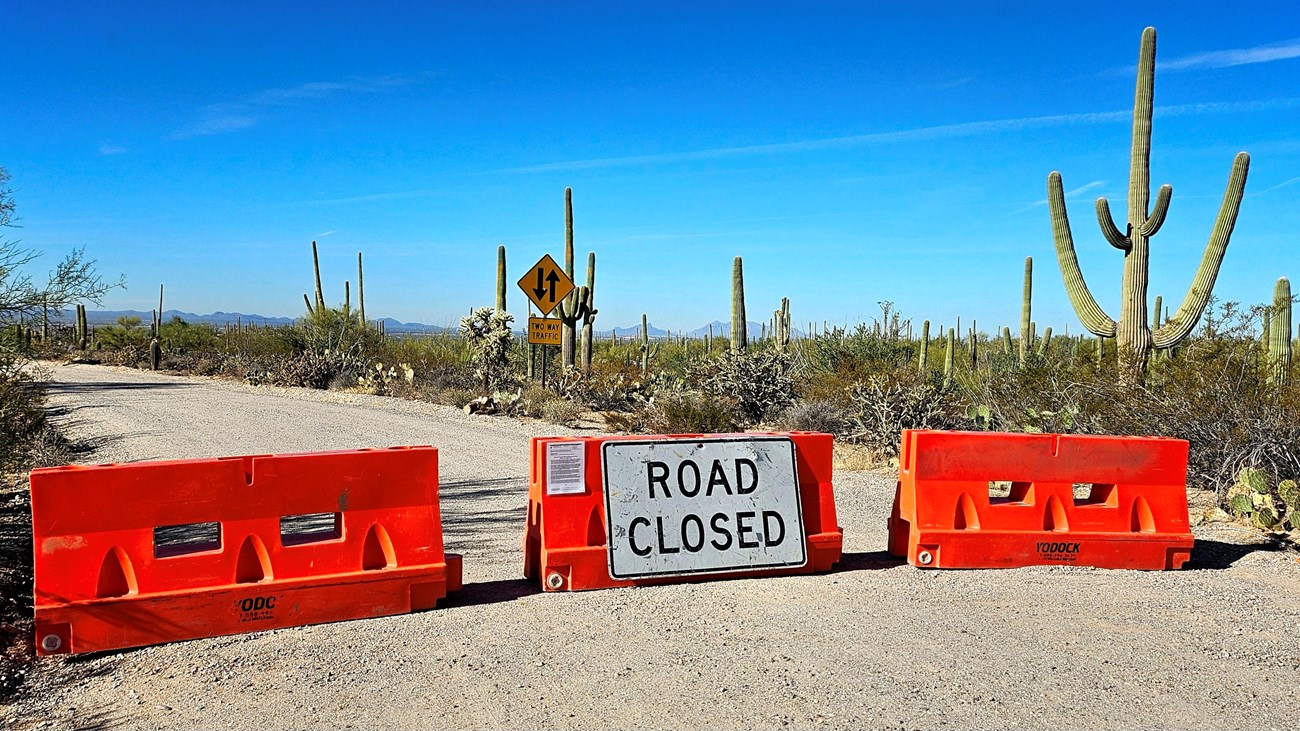 Three orange barricades block a dirt road, the center one having a large "road closed" sign over it. Background full of desert vegetation.
